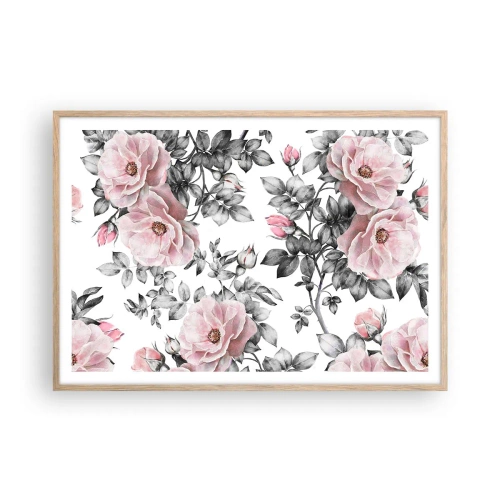Affiche dans un chêne clair - Poster - Se perdre dans les fleurs des roses - 100x70 cm