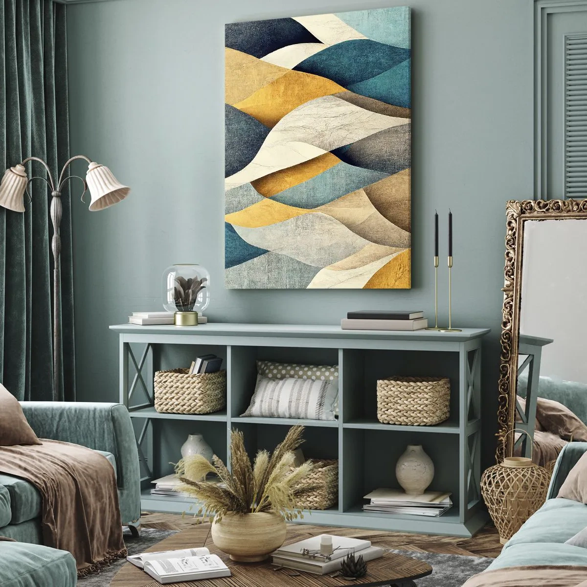 Impression sur toile - Image sur toile - Vagues abstraites dans des tons de bleu et d'or - 50x70cm - Rythme et vague - Décoration murale moderne pour le salon et la chambre ARTTOR