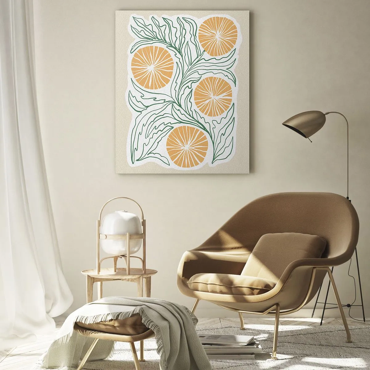 Impression sur verre - Image sur verre - Un motif orange minimaliste avec des feuilles vertes - 70x100cm - Ethnique avec une pointe d'abstraction - Décoration murale moderne pour le salon et la chambre ARTTOR