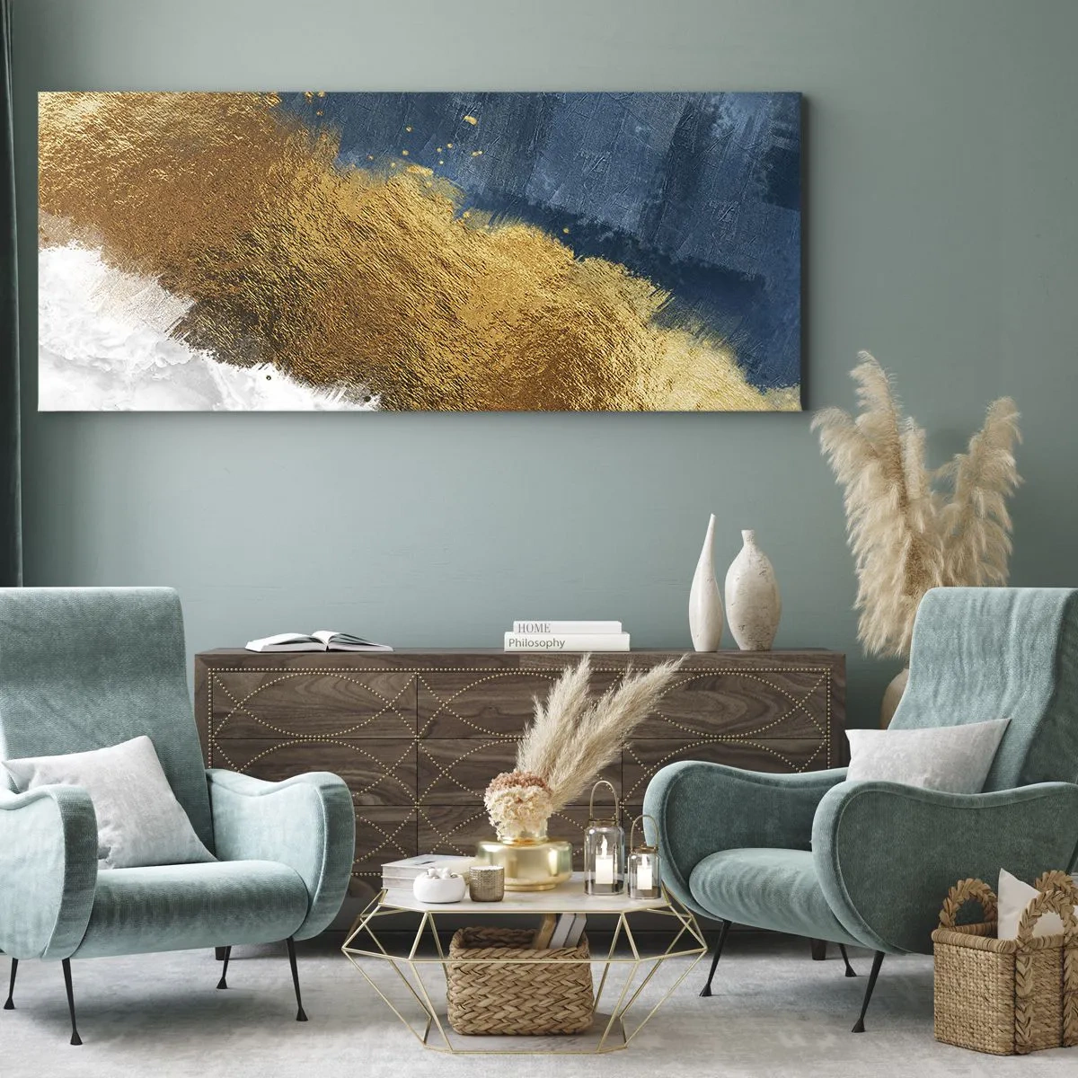 Impression sur toile - Image sur toile - Une composition abstraite dans des tons d'or, de bleu et de blanc. - 140x50cm - Les couleurs de l’été - Décoration murale moderne pour le salon et la chambre ARTTOR