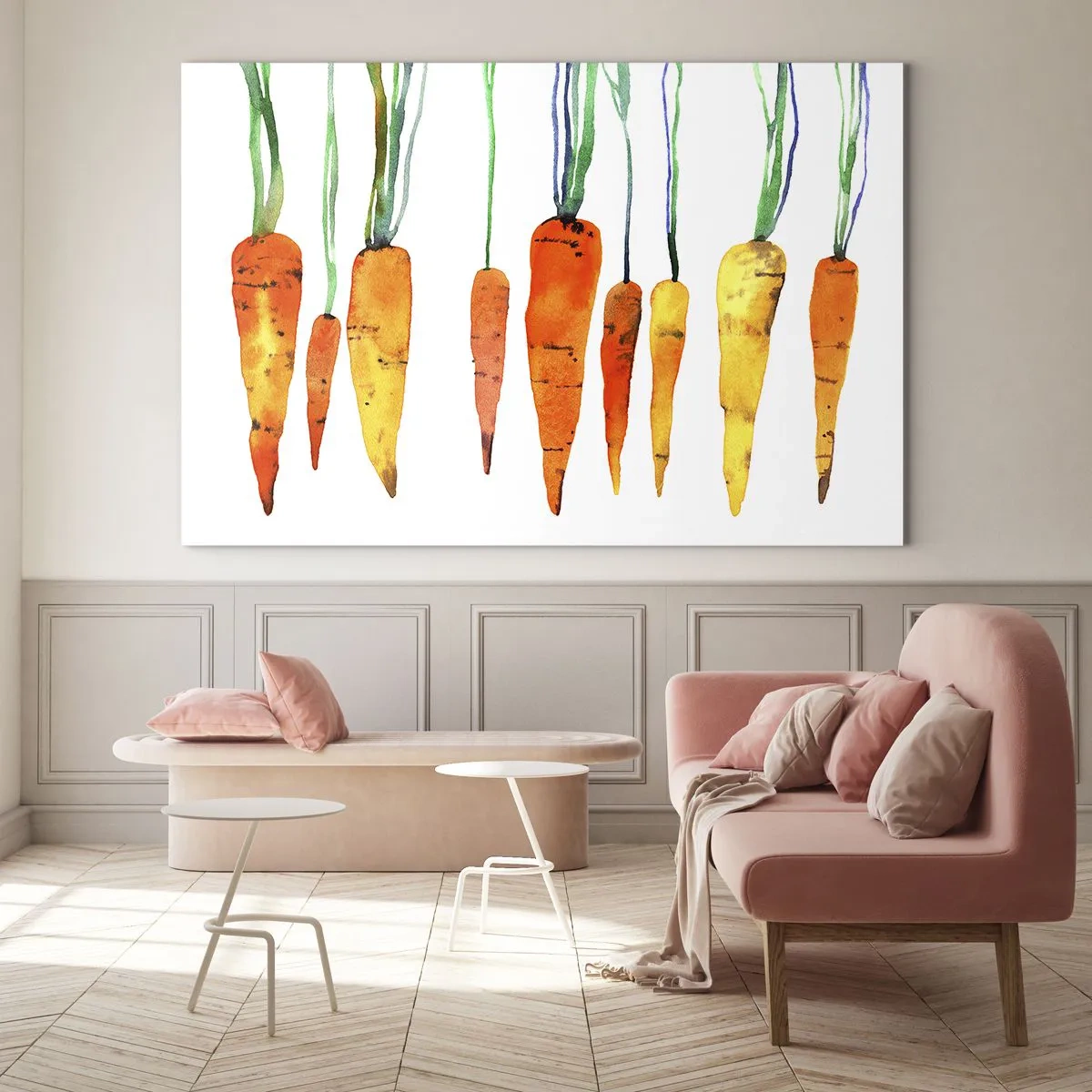 Impression sur verre - Image sur verre - Carottes à l'aquarelle dans différentes nuances d'orange avec des tiges vertes - 120x80cm - La beauté de l'ordinaire - Décoration murale moderne pour le salon et la chambre ARTTOR
