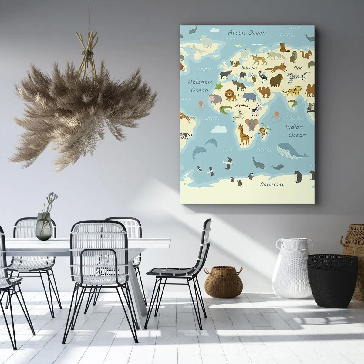 Impression sur toile - Image sur toile - Carte du monde avec des illustrations d'animaux - 50x70cm - De bons voisins - Décoration murale moderne pour le salon et la chambre ARTTOR