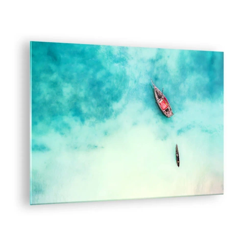 Impression sur verre - Image sur verre - Bateaux sur une eau azur dans un cadre paisible - 70x50cm - Car sur les plages de Zanzibar, quand il y a un débordement d'eau... - Décoration murale moderne pour le salon et la chambre ARTTOR