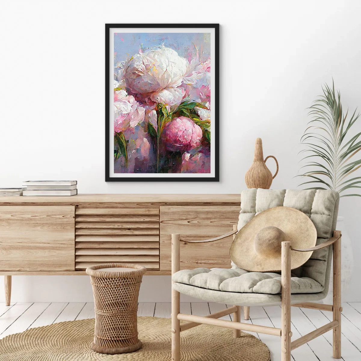 Affiche dans un cadre noir - Poster - Pivoines dans une composition romantique et picturale - 50x70cm - Un bouquet plein de vie - Décoration murale moderne pour le salon et la chambre ARTTOR