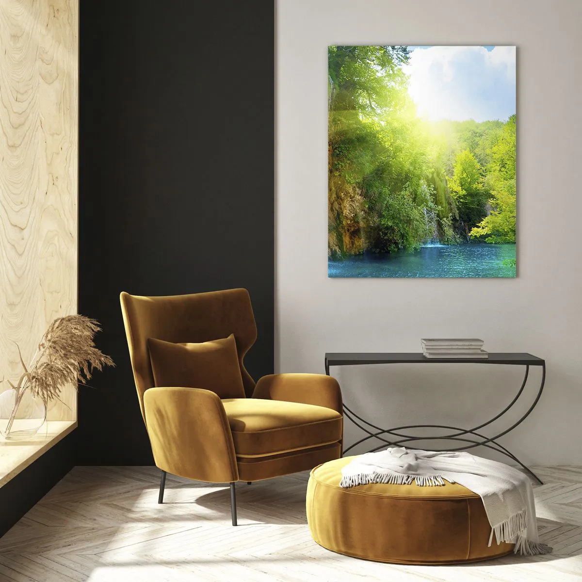 Impression sur verre - Image sur verre - Une cascade se jetant dans un lac bleu entouré de verdure - 50x70cm - Ce doit être le paradis ici - Décoration murale moderne pour le salon et la chambre ARTTOR