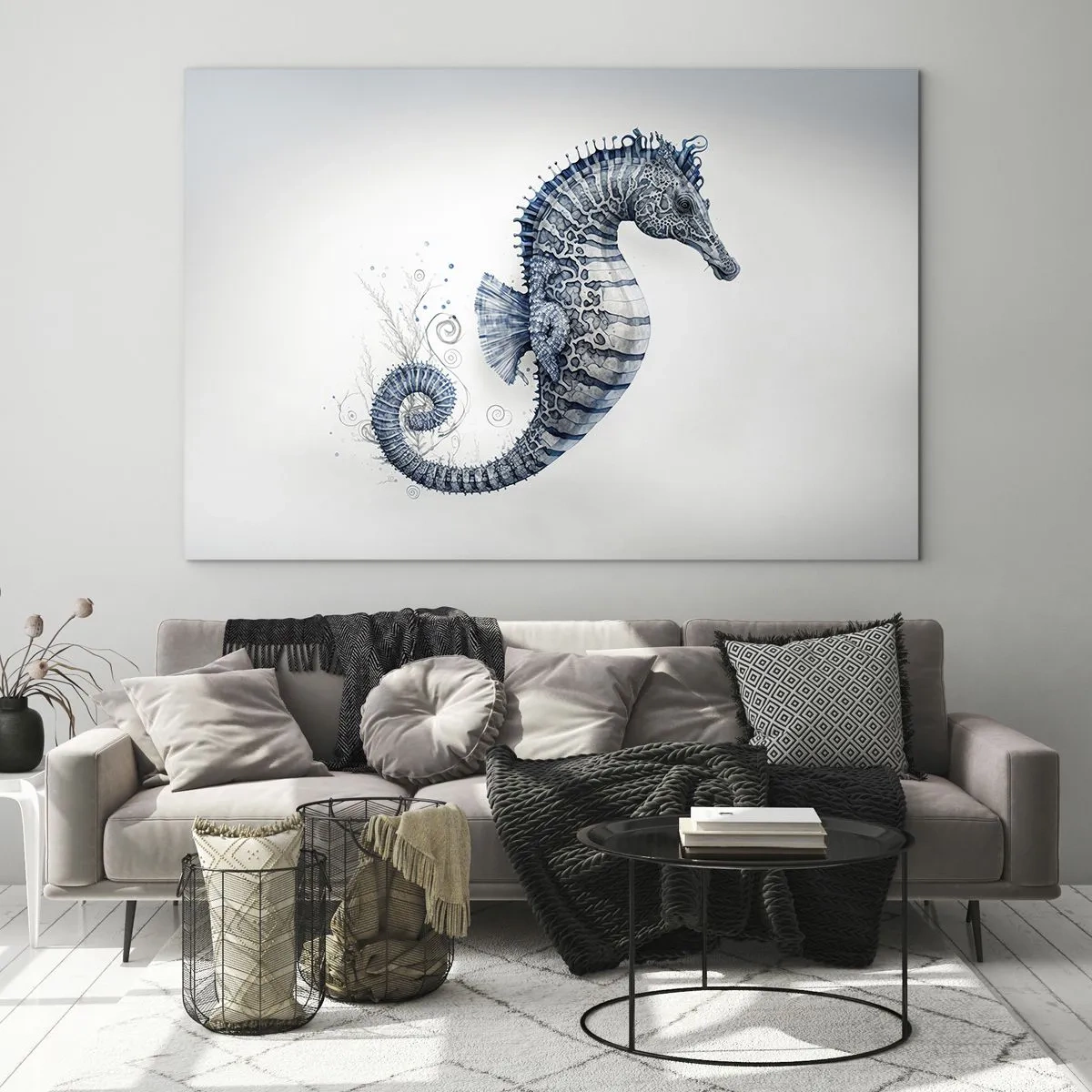 Impression sur verre - Image sur verre - Hippocampe bleu sur fond clair dans un style de dessin - 70x50cm - Une subtile plaisanterie de la nature - Décoration murale moderne pour le salon et la chambre ARTTOR