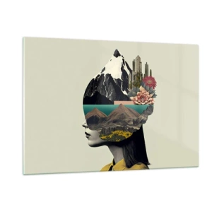 Impression sur verre - Image sur verre - Silhouette d'une femme avec un paysage de montagne et de la flore dans sa tête - 120x80cm - La femme – toujours un mystère - Décoration murale moderne pour le salon et la chambre ARTTOR