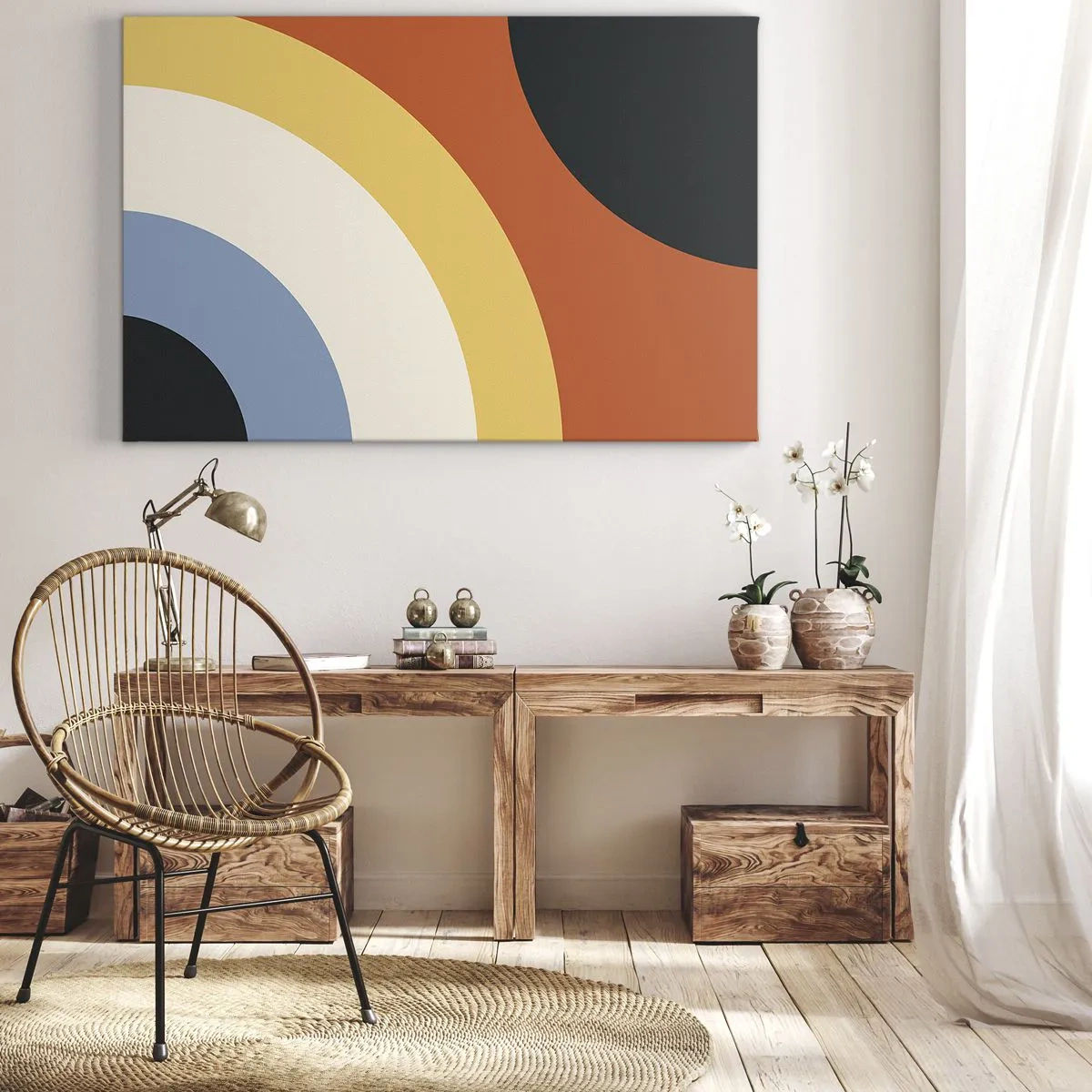 Impression sur toile - Image sur toile - Œuvre d'art abstraite avec des arcs colorés et des cercles contrastés - 70x50cm - Vers son soi - Décoration murale moderne pour le salon et la chambre ARTTOR