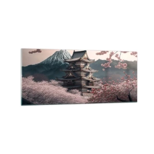 Impression sur verre - Image sur verre - Un temple japonais entouré de cerisiers en fleurs et de montagnes - 120x50cm - Le pays des cerisiers en fleurs - Décoration murale moderne pour le salon et la chambre ARTTOR