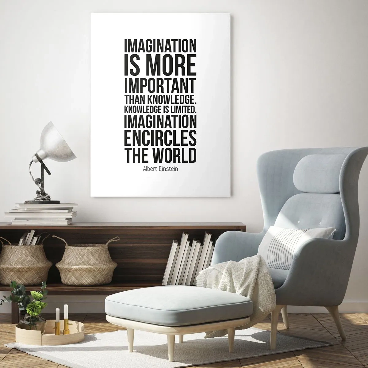 Impression sur verre - Image sur verre - Citation inspirante sur fond blanc en police noire - 70x100cm - Einstein sur le pouvoir de l'imagination - Décoration murale moderne pour le salon et la chambre ARTTOR