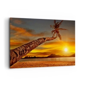 Impression sur toile - Image sur toile - Palmier sur la plage au coucher du soleil avec vue sur la mer - 120x80cm - Vacances exotiques, aventure caribéenne - Décoration murale moderne pour le salon et la chambre ARTTOR