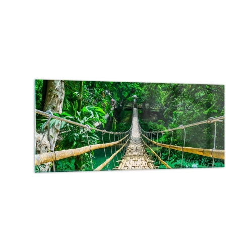 Impression sur verre - Image sur verre - Un pont suspendu en bambou entouré de verdure - 120x50cm - Pont de singe en pleine nature - Décoration murale moderne pour le salon et la chambre ARTTOR