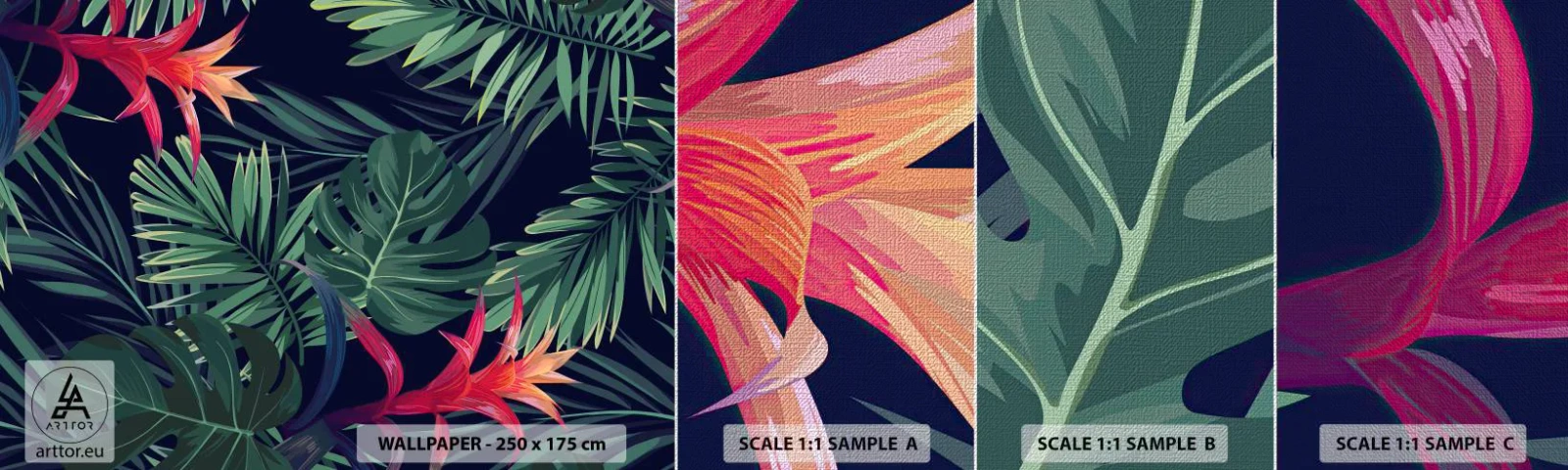 Échantillon de Papier Peint Premium Canvas - immergé dans la nature - Fleurs, Plante tropicale, Feuilles de palmier - 100x30 cm