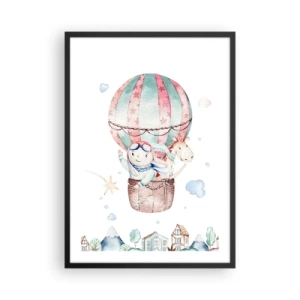 Affiche dans un cadre noir - Poster - Une jolie illustration d'un ours en peluche volant dans un ballon au-dessus d'une ville - 50x70cm - Nous serons de retour bientôt! - Décoration murale moderne pour le salon et la chambre ARTTOR