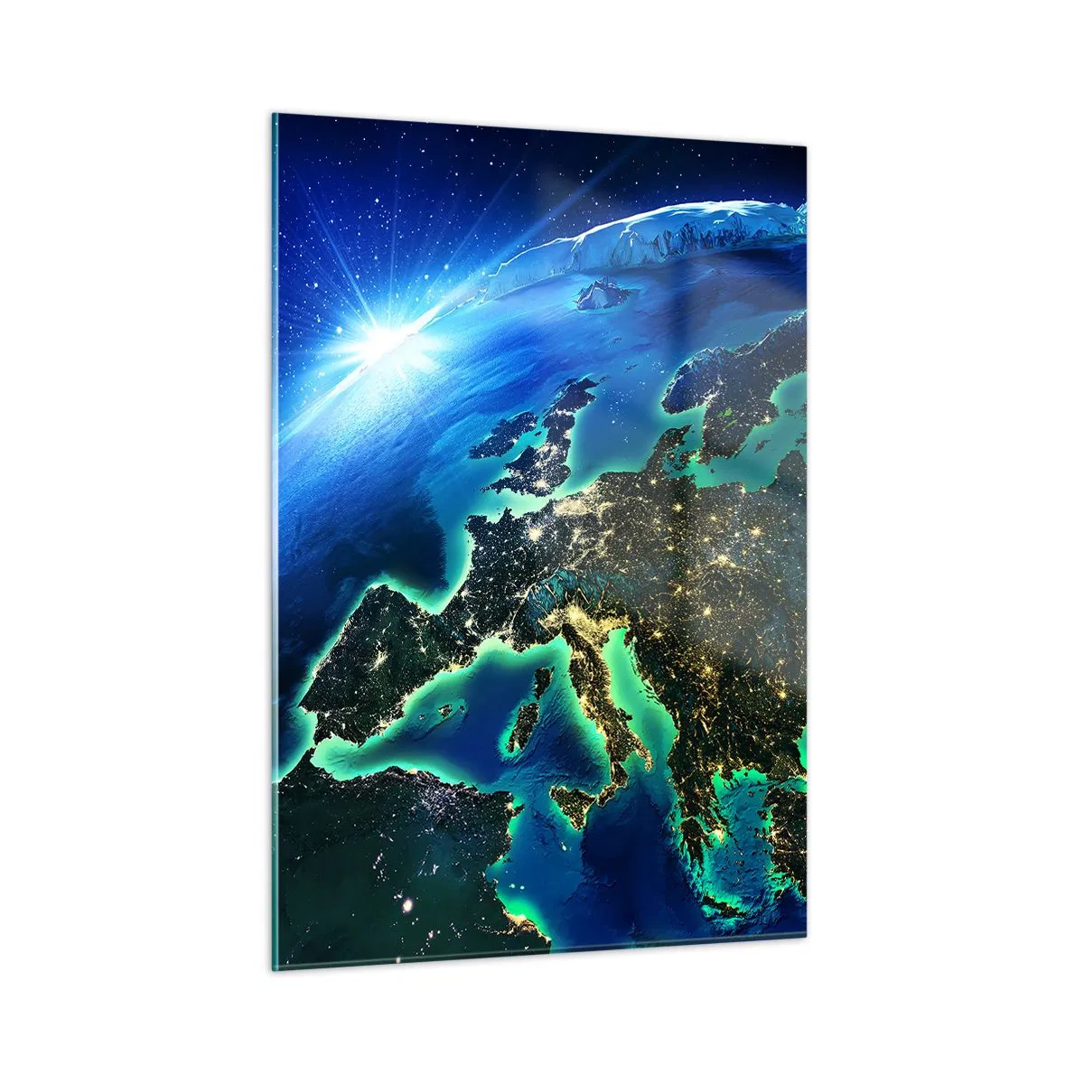 Impression sur verre - Image sur verre - Vue de la Terre depuis l'espace avec Europe illuminée la nuit - 50x70cm - Europe pétillante - Décoration murale moderne pour le salon et la chambre ARTTOR