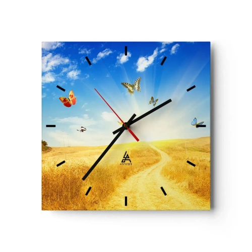 Horloge murale - Pendule murale - Un champ doré, un chemin et des papillons contre un ciel bleu - 30x30cm - Et comment ne pas aimer l'été ? - Décoration murale moderne pour le salon et la chambre ARTTOR