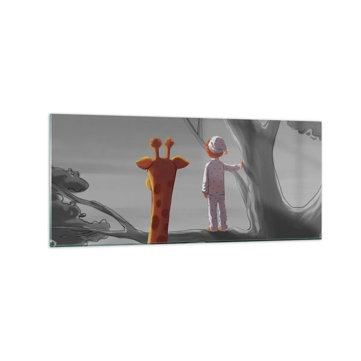 Impression sur verre - Image sur verre - Un enfant et une girafe sur une branche d'arbre dans un paysage de conte de fées - 120x50cm - Cela arrive vraiment - Décoration murale moderne pour le salon et la chambre ARTTOR