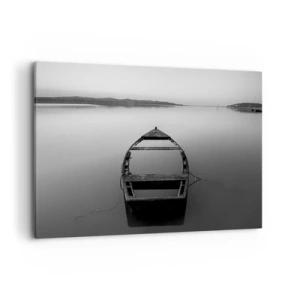 Impression sur toile - Image sur toile - Un bateau solitaire sur un lac calme dans des tons de noir et blanc - 120x80cm - Nostalgie et mélancolie - Décoration murale moderne pour le salon et la chambre ARTTOR