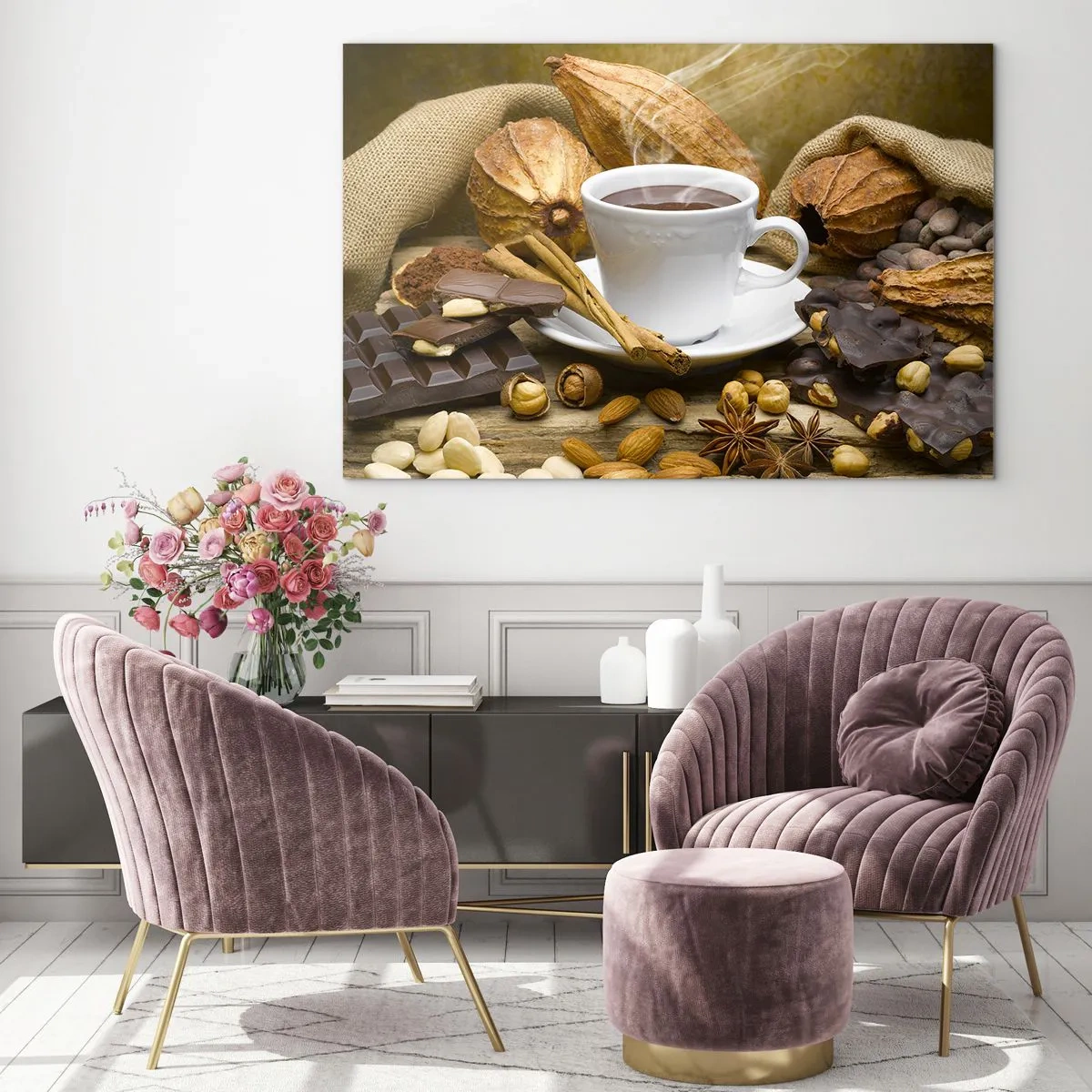 Impression sur verre - Image sur verre - Une tasse de chocolat chaud entourée de chocolat et d'épices - 120x80cm - Pour les amateurs de sensations fortes - Décoration murale moderne pour le salon et la chambre ARTTOR