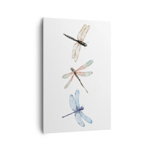 Impression sur toile - Image sur toile - Trois libellules aux couleurs pastel délicates - 80x120cm - Libellules en apesanteur - Décoration murale moderne pour le salon et la chambre ARTTOR