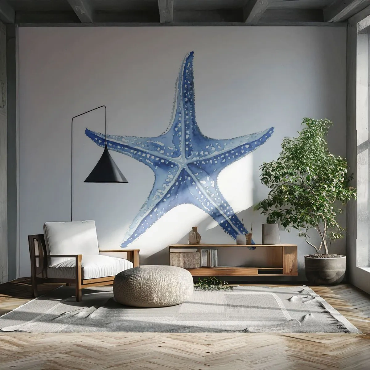 Papier Peint Photo Premium Sand - Étoile de mer bleue sur fond blanc dans un style aquarelle - 100x70cm - Étoile de mer - Décoration murale moderne pour le salon et la chambre ARTTOR