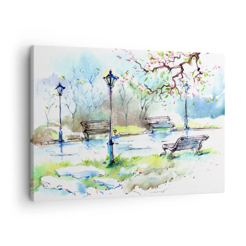 Impression sur toile - Image sur toile - Scène de parc à l'aquarelle avec bancs et lampes - 70x50cm - Le charme du silence d'un parc - Décoration murale moderne pour le salon et la chambre ARTTOR