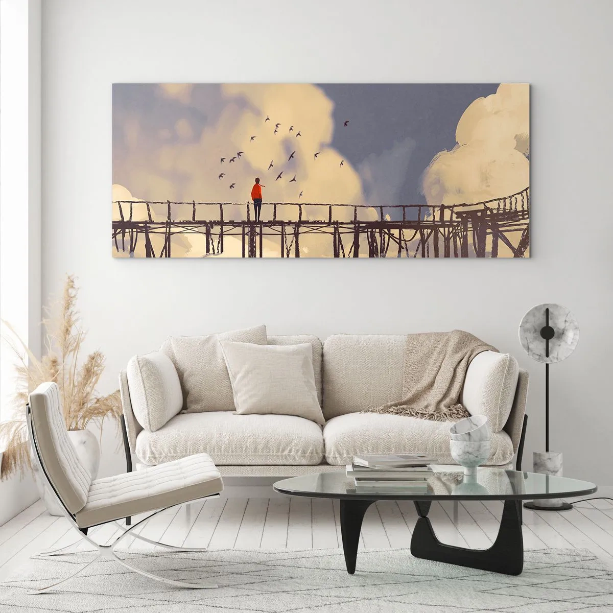 Impression sur verre - Image sur verre - Une silhouette sur un pont parmi les nuages avec des oiseaux dans le ciel - 160x50cm - Bleu nostalgie - Décoration murale moderne pour le salon et la chambre ARTTOR