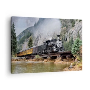 Impression sur toile - Image sur toile - Une locomotive à vapeur sur un pont dans un paysage de montagne pittoresque - 70x50cm - Et lui jusqu'où? Jusqu'où? - Décoration murale moderne pour le salon et la chambre ARTTOR
