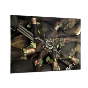 Impression sur verre - Image sur verre - Mains avec des bracelets tenant un récipient dans un geste rituel - 100x70cm - Nous sommes ensemble - Décoration murale moderne pour le salon et la chambre ARTTOR