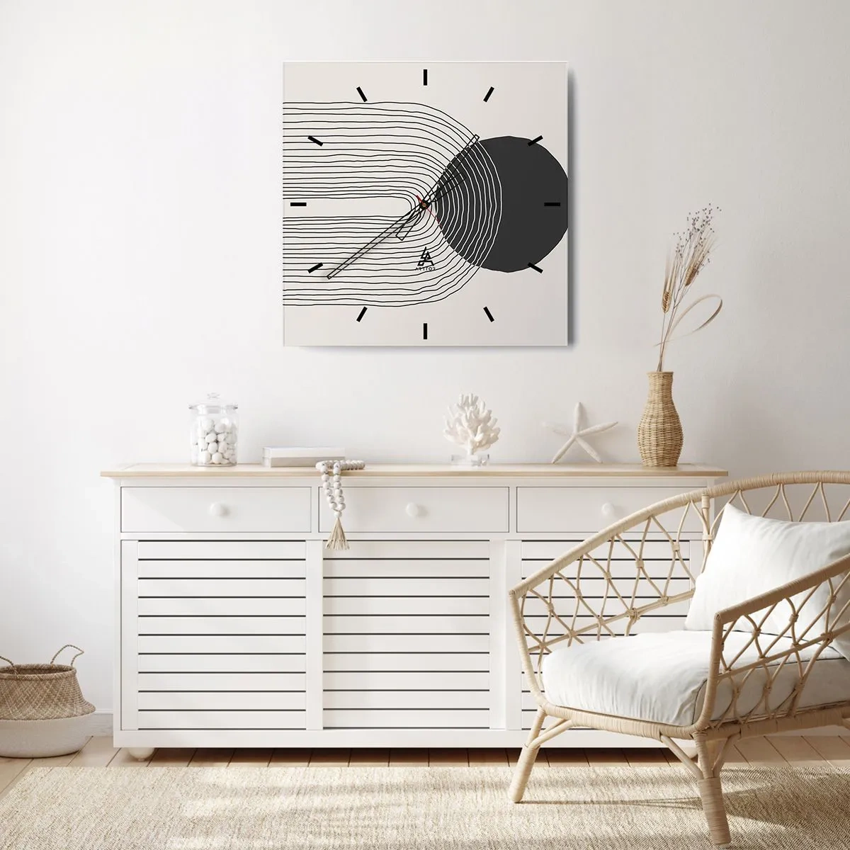 Horloge murale - Pendule murale - Motif abstrait avec des lignes et un cercle noir sur un fond clair - 30x30cm - Tremblement et confiance - Décoration murale moderne pour le salon et la chambre ARTTOR