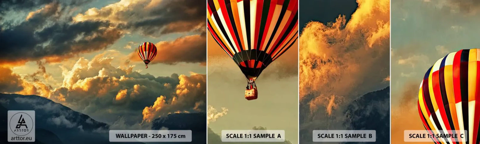 Échantillon de Papier Peint Autocollant Deluxe Sticker - Je vole parce que je veux - Abstraction, Vol en montgolfière, Montagnes - 100x30 cm