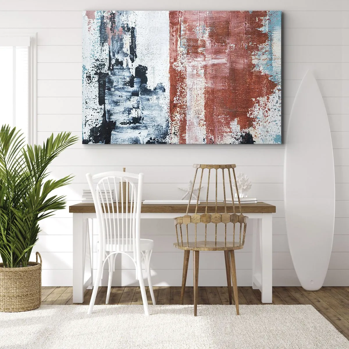 Impression sur toile - Image sur toile - Abstraction aux couleurs blanc, bleu et brique - 120x80cm - Moitié-moitié abstrait - Décoration murale moderne pour le salon et la chambre ARTTOR