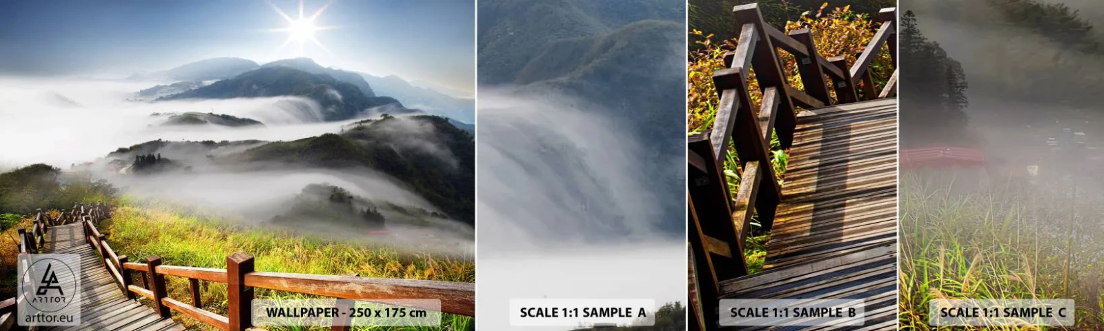 Échantillon De Papier Peint Standard Eco - Tissé d'éblouissement et de brouillard - Paysage, Montagnes, parc national - 100x30 cm