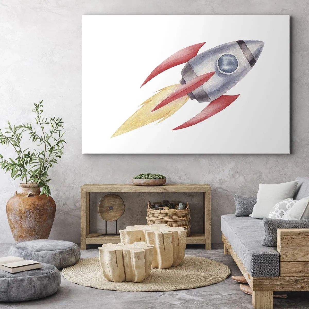 Impression sur toile - Image sur toile - Fusée de style aquarelle sur fond blanc - 100x70cm - Plus haut, plus vite, plus loin - Décoration murale moderne pour le salon et la chambre ARTTOR
