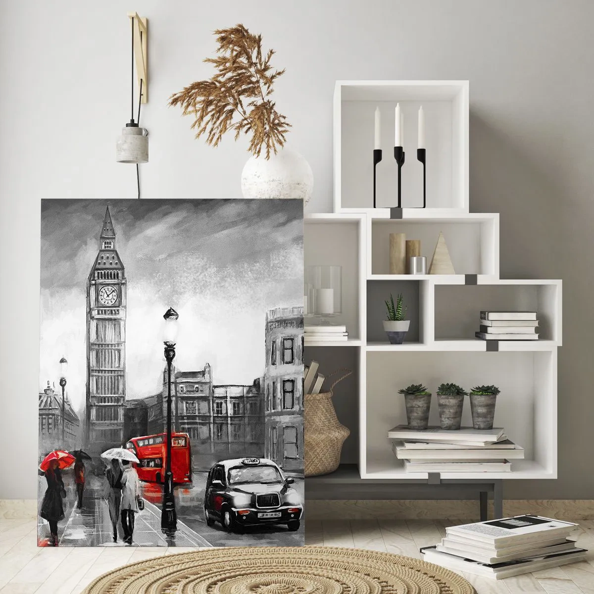 Impression sur verre - Image sur verre - Une scène londonienne en noir et blanc avec des accents rouges - 70x100cm - Pas du tout une ville grise - Décoration murale moderne pour le salon et la chambre ARTTOR