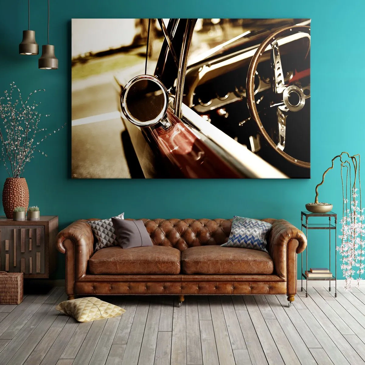 Impression sur toile - Image sur toile - Gros plan du miroir et de l'intérieur d'une voiture rétro classique - 70x50cm - Auto avec une âme - Décoration murale moderne pour le salon et la chambre ARTTOR