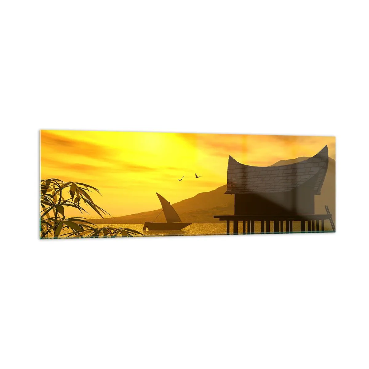 Impression sur verre - Image sur verre - Coucher de soleil tropical sur l'eau avec une maison en bois sur pilotis. - 160x50cm - La paix tant désirée - Décoration murale moderne pour le salon et la chambre ARTTOR