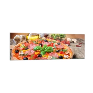 Impression sur verre - Image sur verre - Pizza appétissante sur une table en bois avec garnitures - 160x50cm - Avec une vraie saveur italienne - Décoration murale moderne pour le salon et la chambre ARTTOR