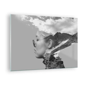 Impression sur verre - Image sur verre - Un portrait créatif en double exposition avec un paysage de montagne et des nuages - 70x50cm - Portrait de montagnes et nuages - Décoration murale moderne pour le salon et la chambre ARTTOR