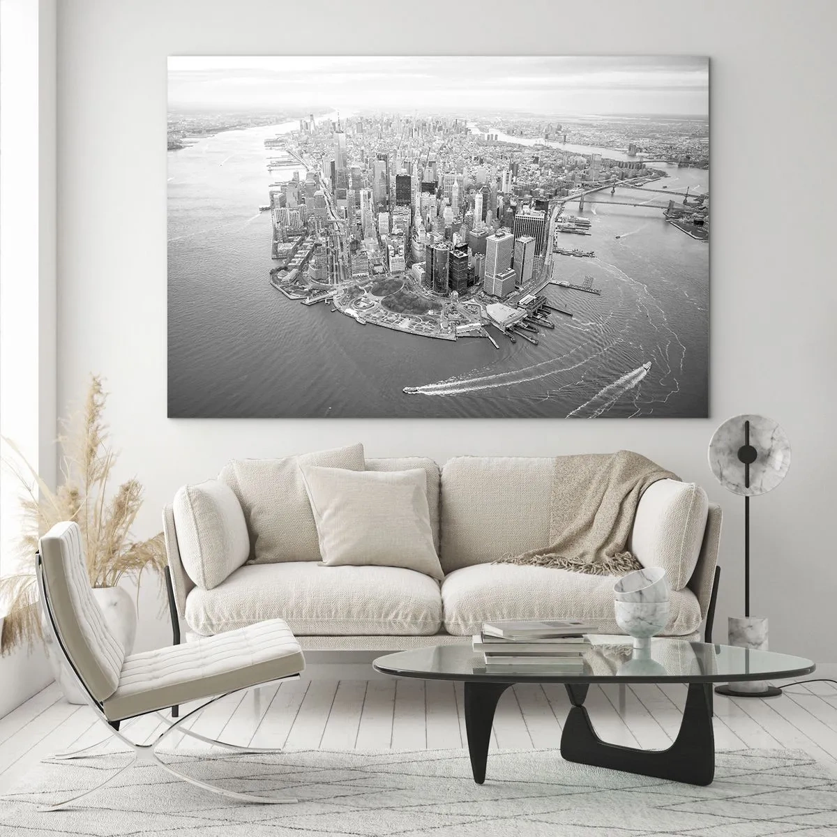 Impression sur verre - Image sur verre - Une vue plongeante sur la ville en noir et blanc - 70x50cm - Comment ne pas aimer ? - Décoration murale moderne pour le salon et la chambre ARTTOR