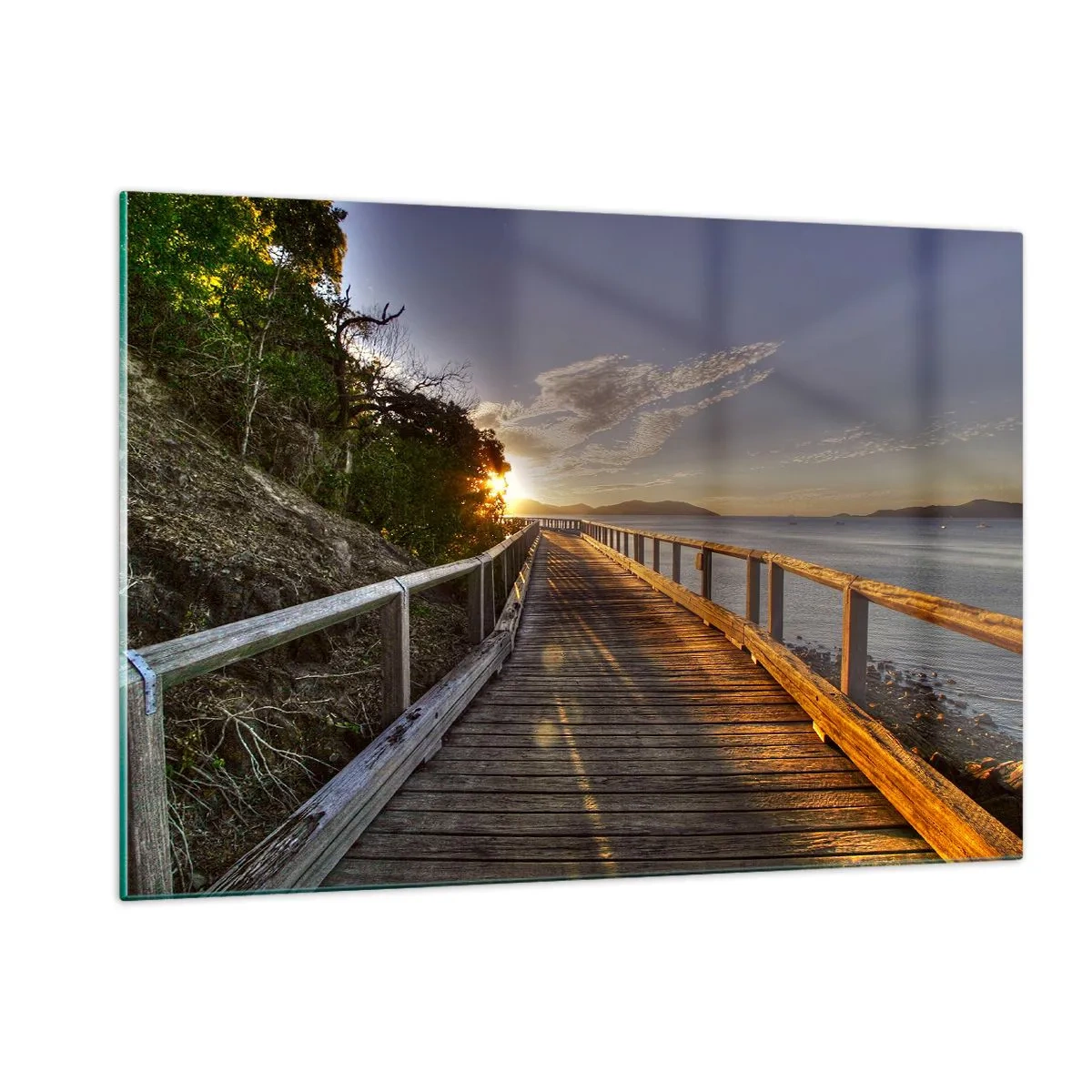 Impression sur verre - Image sur verre - Passerelle en bois au coucher du soleil - 120x80cm - Aller, aller tout le temps en direction du soleil - Décoration murale moderne pour le salon et la chambre ARTTOR