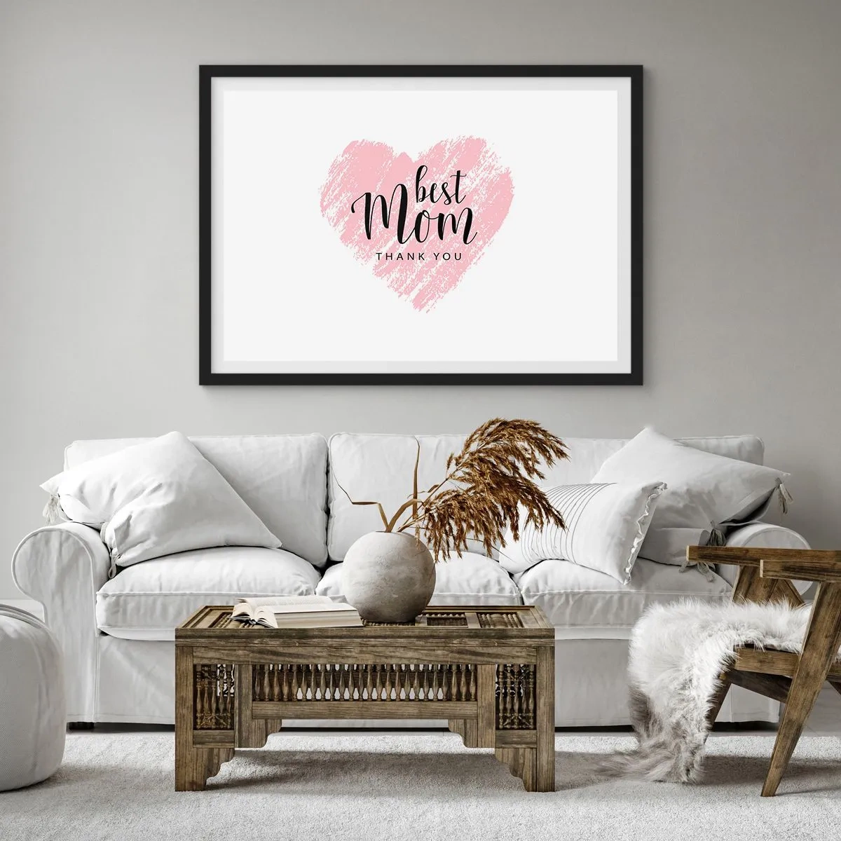 Affiche dans un cadre noir - Poster - Cœur rose avec les mots « Meilleure maman, merci » sur fond blanc - 70x50cm - Toujours au bon moment - Décoration murale moderne pour le salon et la chambre ARTTOR