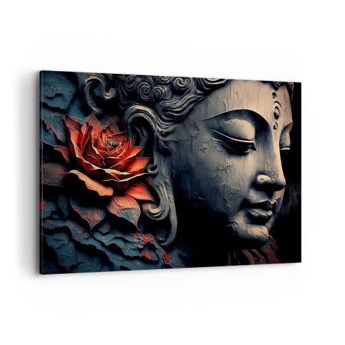 Impression sur toile - Image sur toile - Sculpture de Bouddha avec une fleur de lotus rouge - 100x70cm - En harmonie avec le monde - Décoration murale moderne pour le salon et la chambre ARTTOR