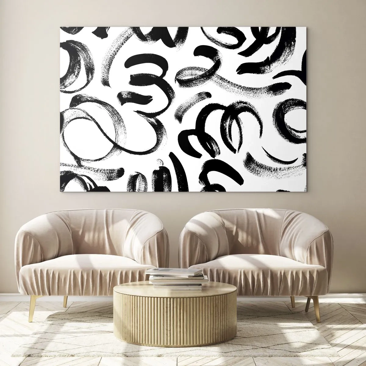Impression sur verre - Image sur verre - Coups de pinceau abstraits en noir et blanc - 120x80cm - Noir sur blanc - Décoration murale moderne pour le salon et la chambre ARTTOR