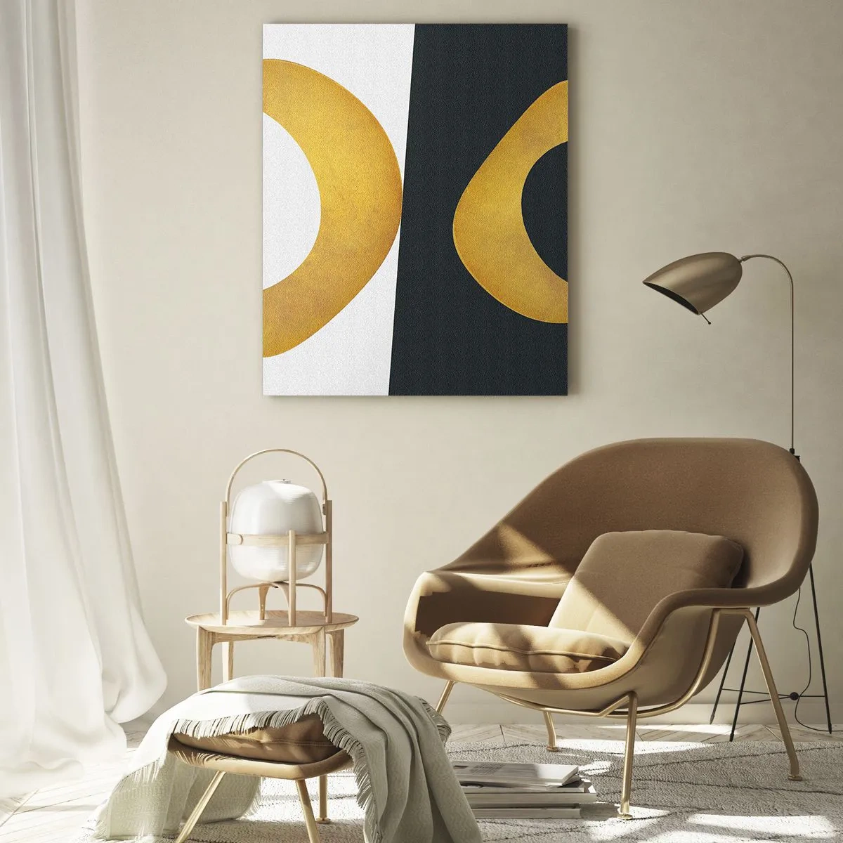 Impression sur verre - Image sur verre - Formes géométriques dorées sur fond blanc et noir - 50x70cm - Avant tout : l’or - Décoration murale moderne pour le salon et la chambre ARTTOR