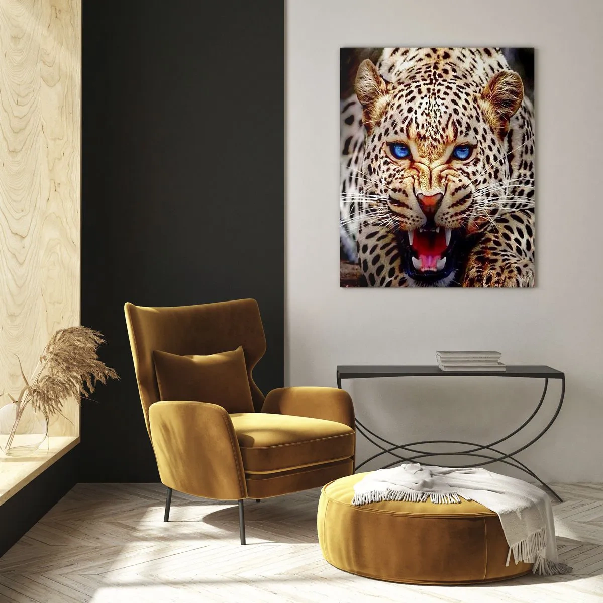 Impression sur verre - Image sur verre - Un léopard féroce aux yeux bleus dans la nature - 50x70cm - La colère de la beauté ne fait pas de mal - Décoration murale moderne pour le salon et la chambre ARTTOR