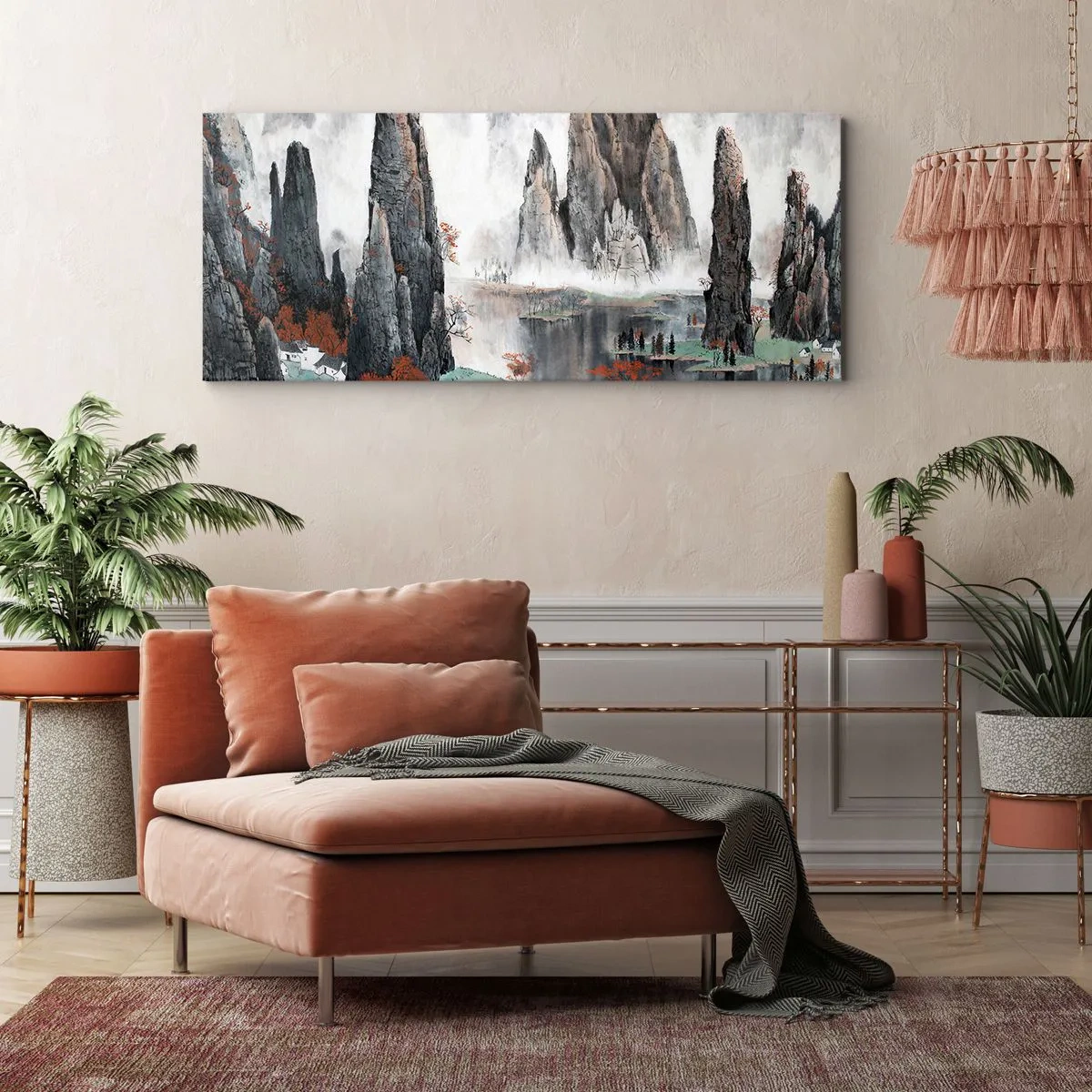 Impression sur toile - Image sur toile - Rochers et arbres pittoresques dans le paysage brumeux de la Chine - 120x50cm - De puissants gardiens - Décoration murale moderne pour le salon et la chambre ARTTOR