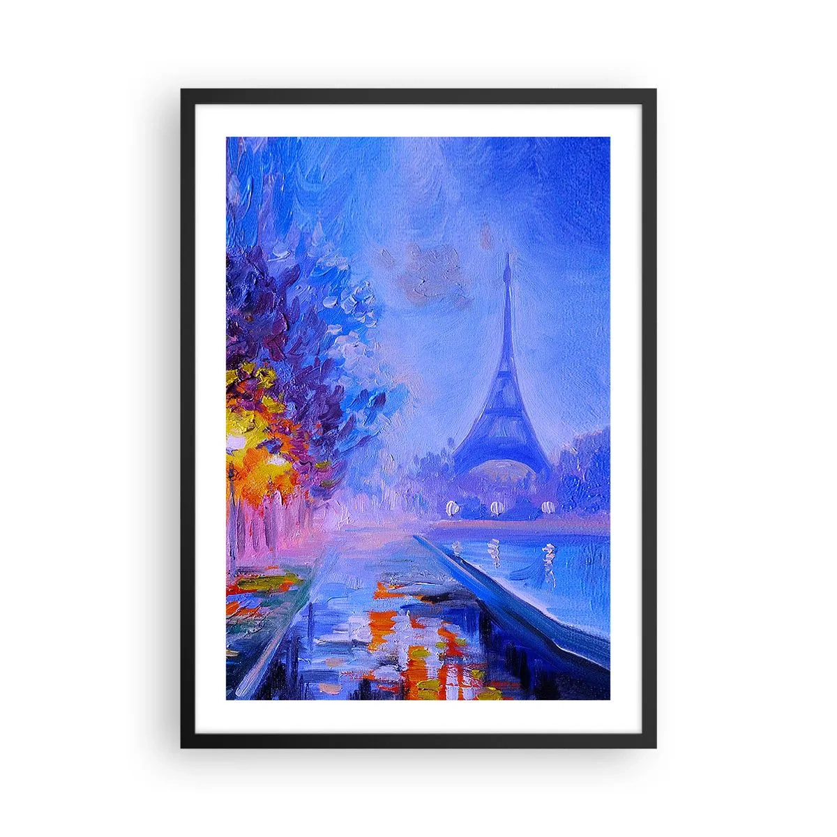 Affiche dans un cadre noir - Poster - La Tour Eiffel dans une photo nocturne picturale - 50x70cm - Une ballade idéale - Décoration murale moderne pour le salon et la chambre ARTTOR