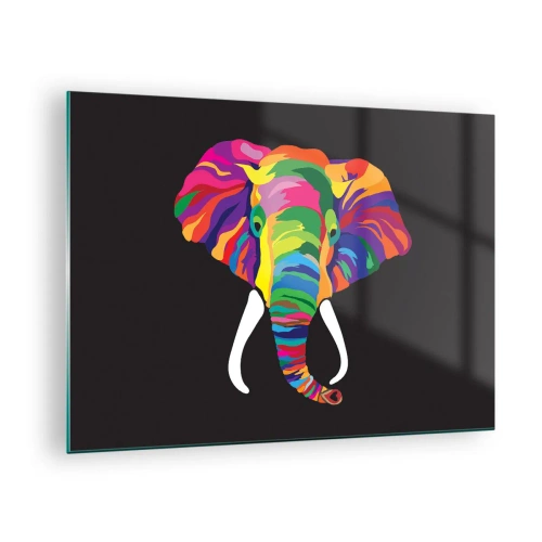 Impression sur verre - Image sur verre - Un éléphant coloré sur fond noir dans un style artistique - 70x50cm - L'éléphant qui aimait se baigner dans un arc-en-ciel - Décoration murale moderne pour le salon et la chambre ARTTOR