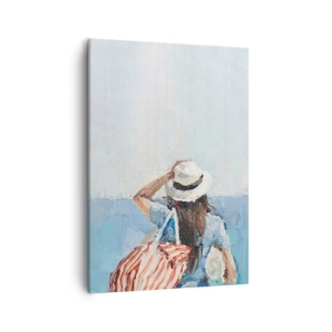 Impression sur toile - Image sur toile - Une femme avec un chapeau contre la mer bleue - 50x70cm - Bienvenue à vos vacances - Décoration murale moderne pour le salon et la chambre ARTTOR